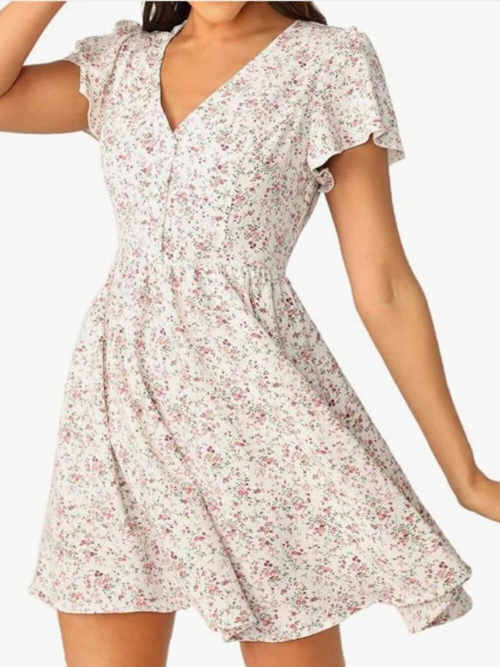 Shein White pink floral mini dress v-neck flutter sleeves size XS VGUC